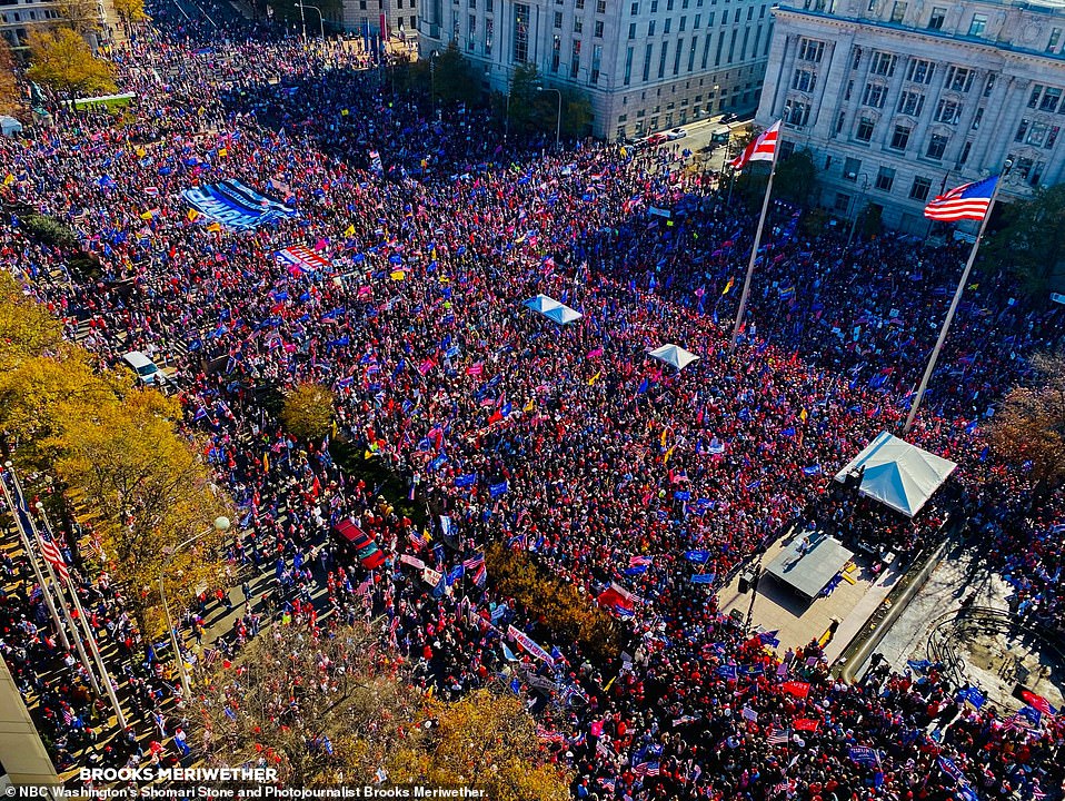 Pro-Trump groups gathered in Freedom Plaza (above) at noon on Saturday, listening to speeches before marching toward the Supreme Court in a massive demonstration supporting Trump's claims of election fraud