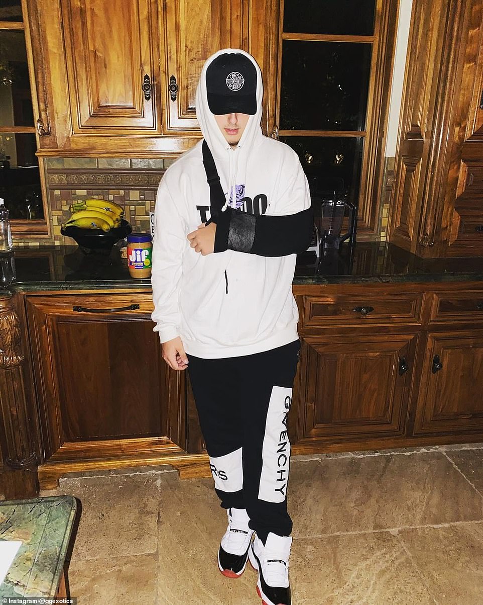 The teenager suffered minor injuries in the crash. He later posted this photo of himself on Instagram with his left arm in a sling