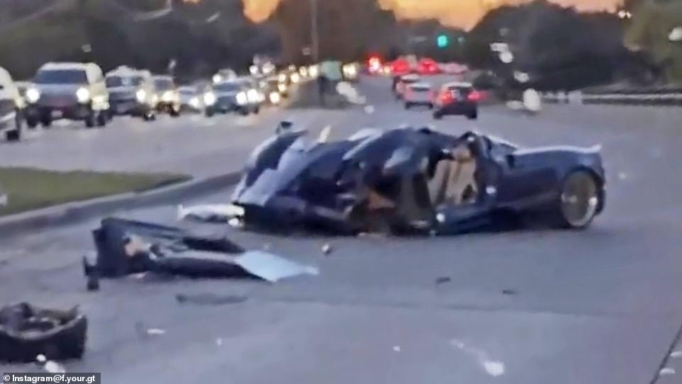 YouTuber Gage Gillean, 17, crashed his father's $3.4million Pagani Huayra Roadster in Dallas, Texas, on Tuesday evening