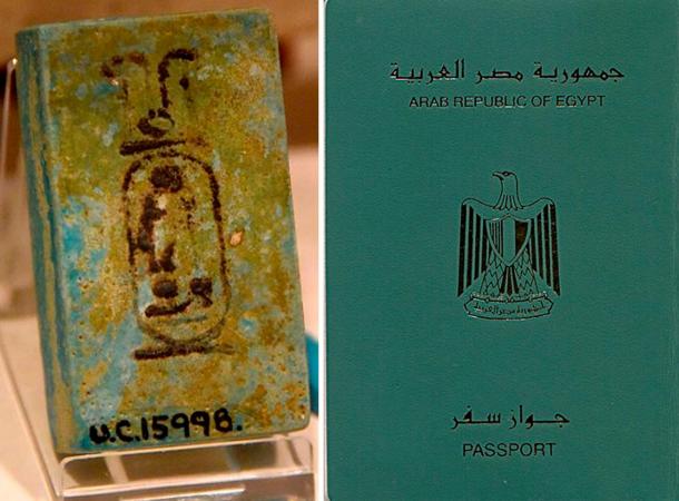 Left: Blue faience piece showing the cartouche of pharaoh Ramesses II. Inscribed in ink. 19th Dynasty. From Kurna (Qurna, Qurnah), Egypt. The Petrie Museum of Egyptian Archaeology, London. (Osama Shukir Muhammed Amin
