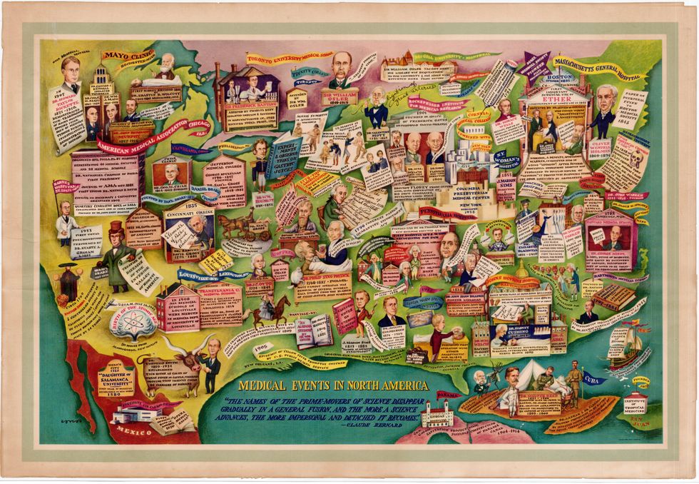 \u200bExcerpt from 'Medical Events in North America' (1950), a map depicting major figures, institutions and events in the medical history of North America.