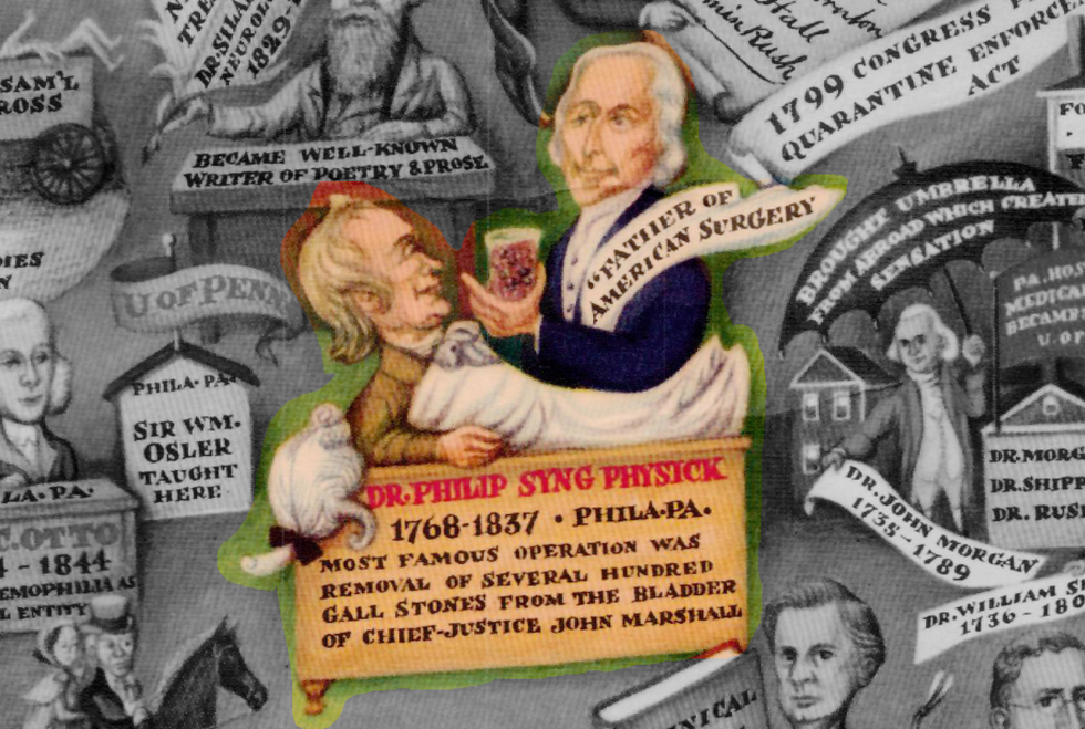 \u200bExcerpt from 'Medical Events in North America' (1950), a map depicting major figures, institutions and events in the medical history of North America.