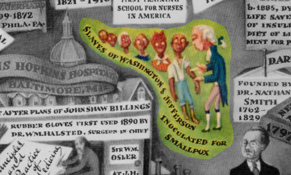 \u200bExcerpt from 'Medical Events in North America' (1950), a map depicting major figures, institutions and events in the medical history of North America.
