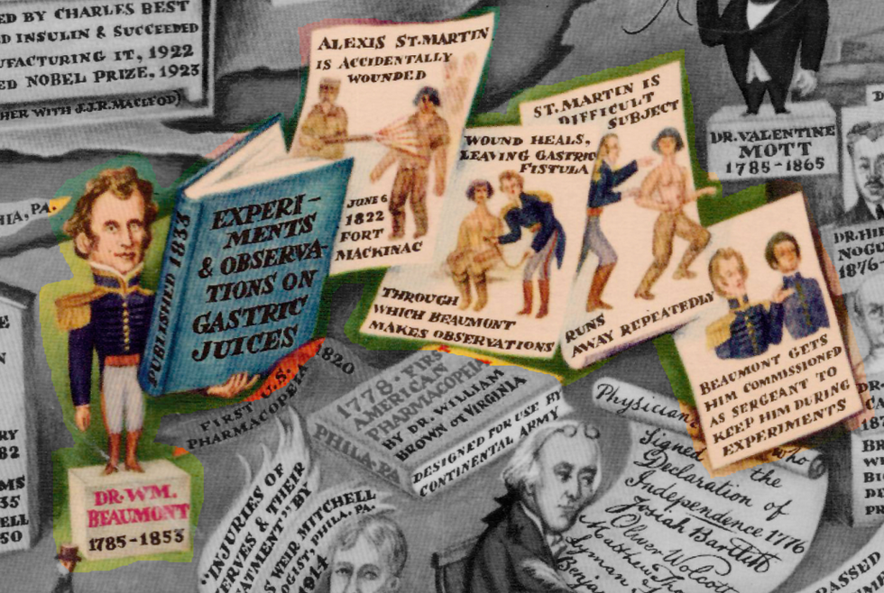 \u200bExcerpt from 'Medical Events in North America' (1950), a map depicting major figures, institutions and events in the medical history of North America.