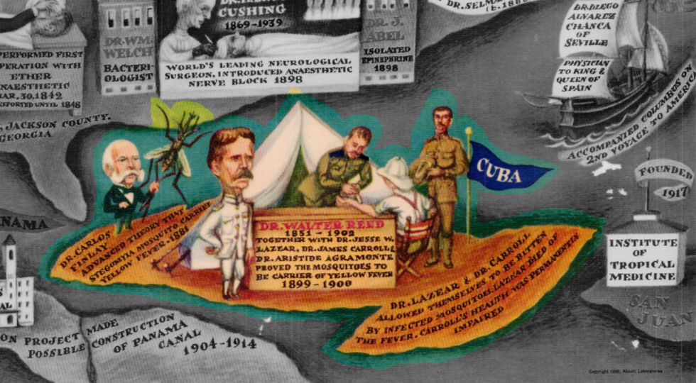 \u200bExcerpt from 'Medical Events in North America' (1950), a map depicting major figures, institutions and events in the medical history of North America.