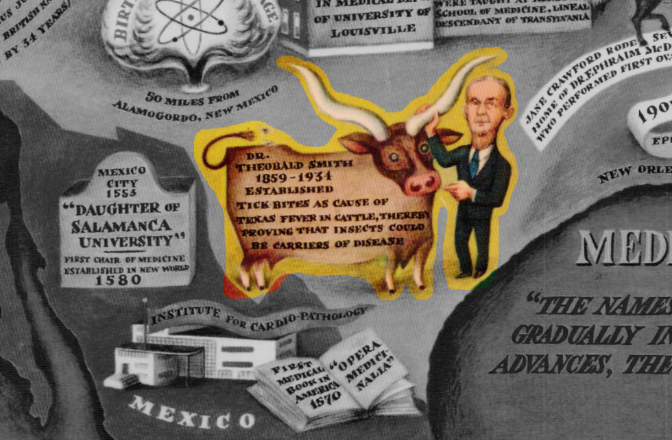 \u200bExcerpt from 'Medical Events in North America' (1950), a map depicting major figures, institutions and events in the medical history of North America.