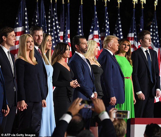 President Trump would have the right to pardon any family members as he sees fit. Above, (From R) Barron Trump, First Lady Melania Trump, US President Donald Trump, Tiffany Trump, Donald Trump Jr., Kimberly Guilfoyle, Lara Trump, Eric Trump, Ivanka Trump, Jared Kushner and Michael Boulos