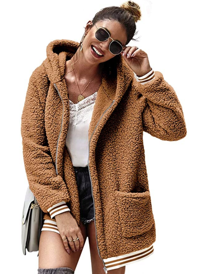 LOMON Oversized Fuzzy Fleece Long Sleeve Open Front Hooded Jacket