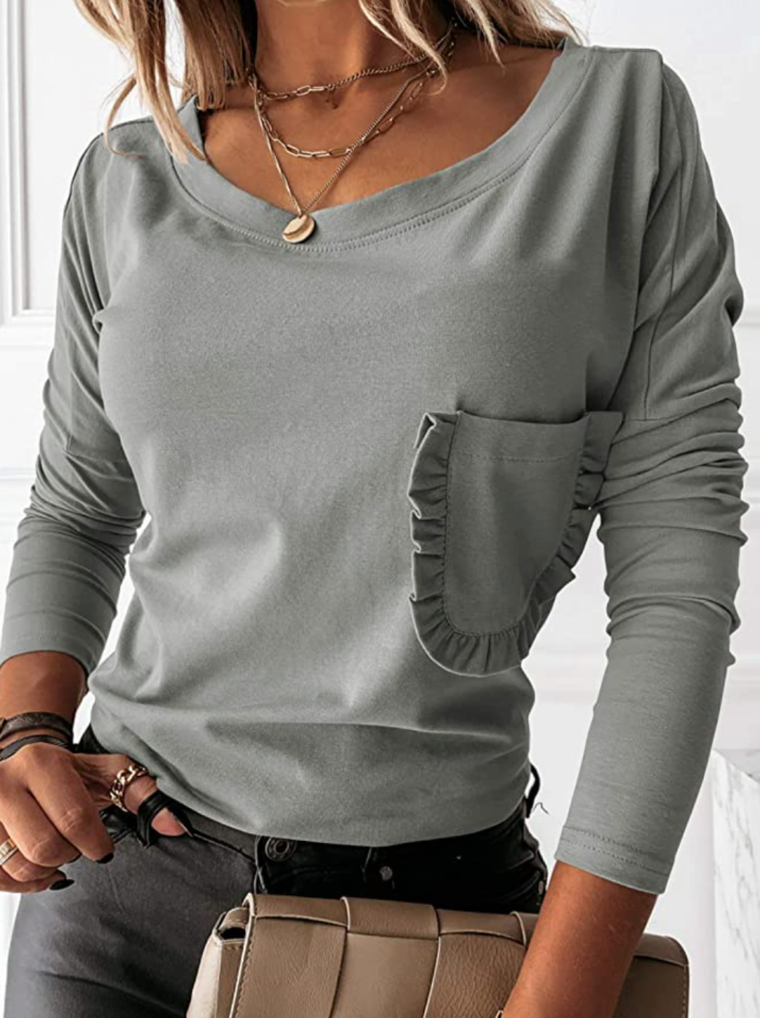 Vermisse Women's Boat Neck Ruffle Trim Front Pocket Shirt
