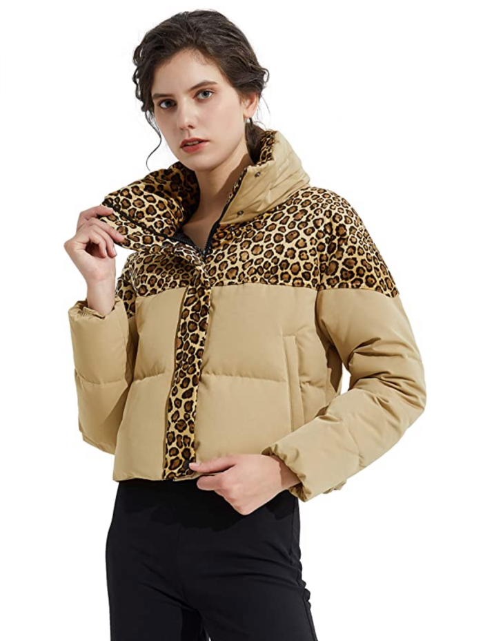 Orolay Women's Leopard Print Down Jacket Winter Coat Cropped Puffer Jacket