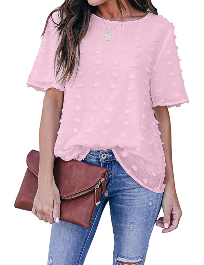Blooming Jelly Women's Chiffon Blouse Casual Round Neck Short Sleeve Pom Pom Top