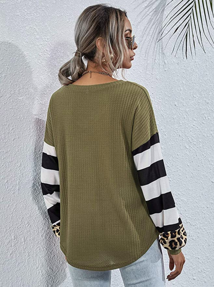 LilyCoco Women's V Neck Leopard Print Shirt Striped Lantern Sleeve Waffle Knit Pullover Top
