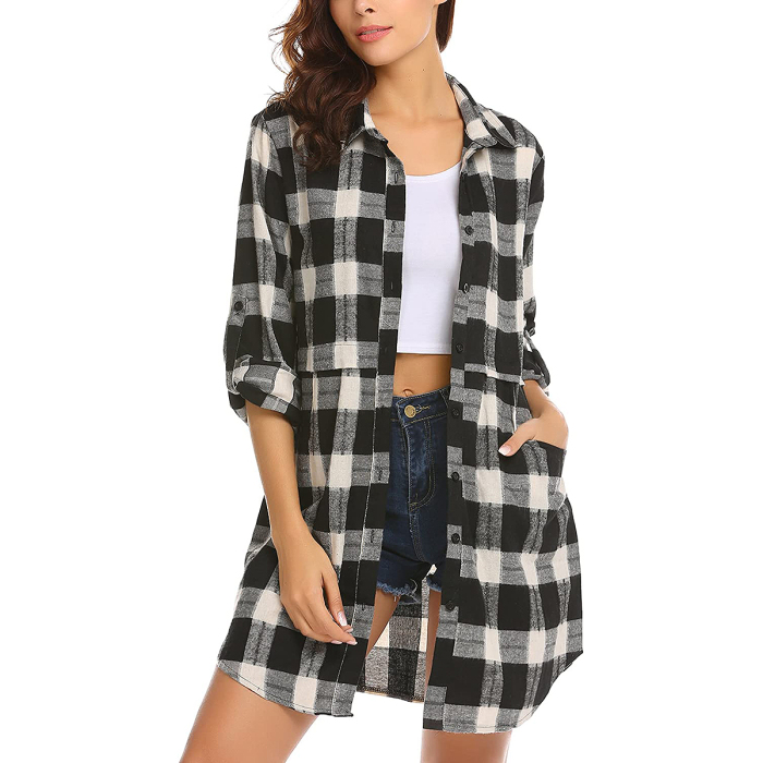 HOTOUCH Flannel Plaid Mid-Long Casual Boyfriend Shirt