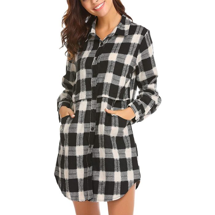 HOTOUCH Flannel Plaid Mid-Long Casual Boyfriend Shirt
