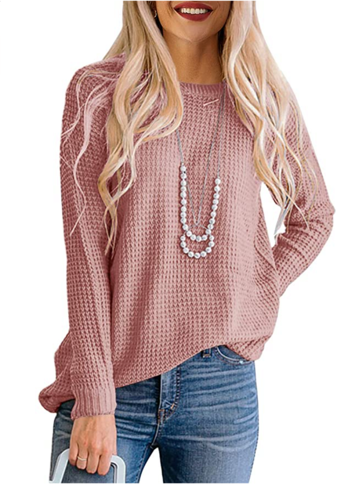 MEROKEETY Women's Long Sleeve Waffle Knit Crew Neck Pullover Top