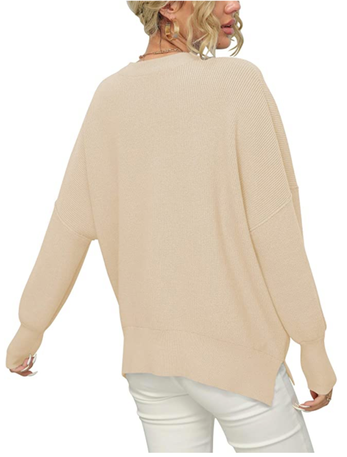 LOGENE Women's Oversized Batwing Long Sleeve Crewneck Side Slit Ribbed Knit Pullover Sweater