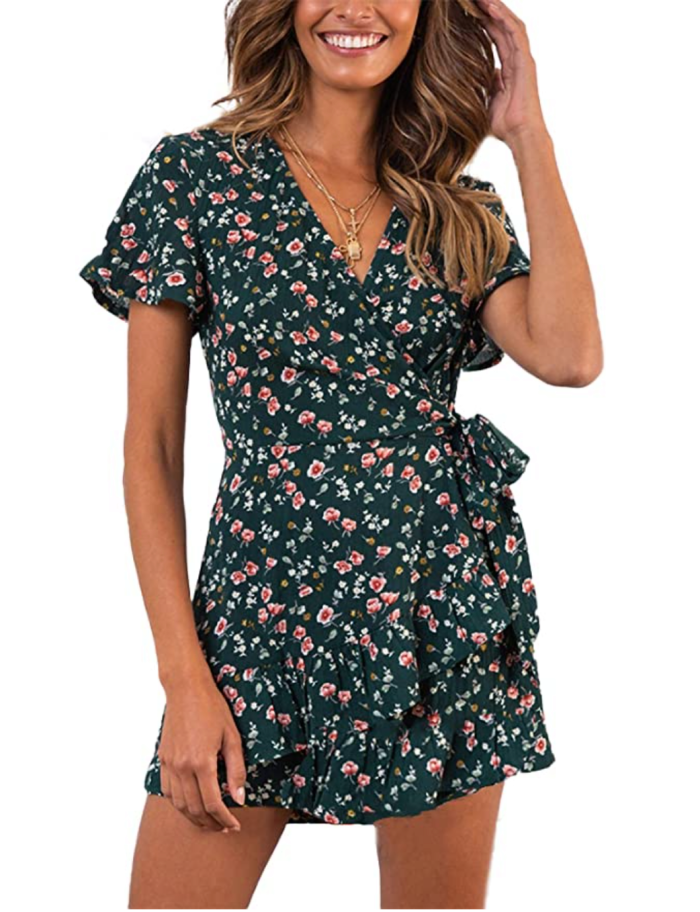Relipop Women's Short Sleeve Print V Neck Casual Short Dress