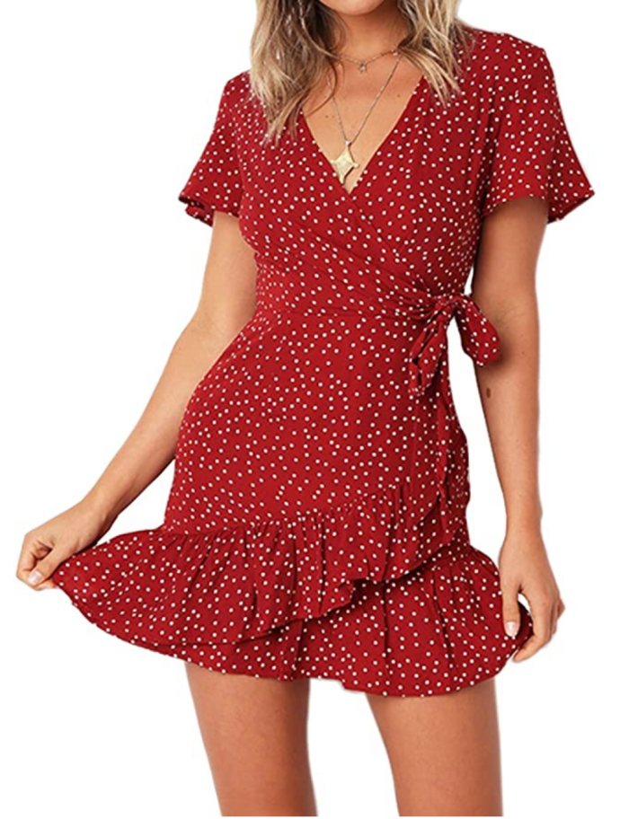 Relipop Women's Short Sleeve Print V Neck Casual Short Dress