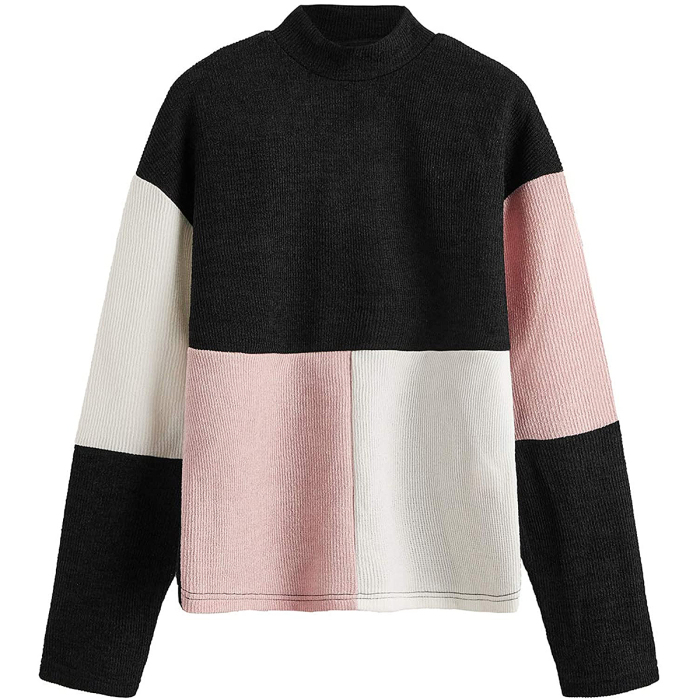 SweatyRocks Long-Sleeve Mock Neck Color-Block Casual Knit Sweater