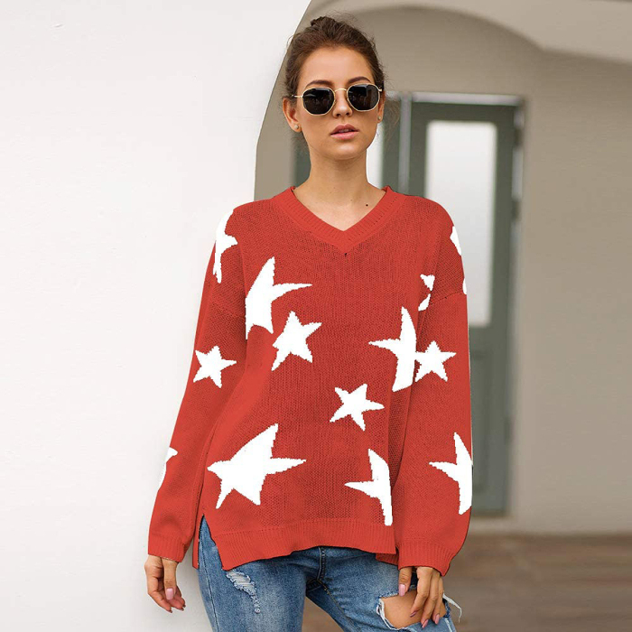 PRETTYGARDEN V-Neck Lantern Long Sleeve Star Sweater