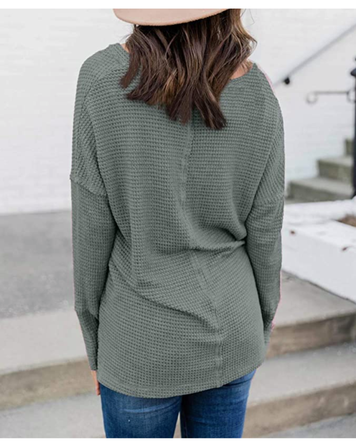 Trendy Queen Women's V Neck Long Sleeve Loose Oversized Waffle Knit Shirt