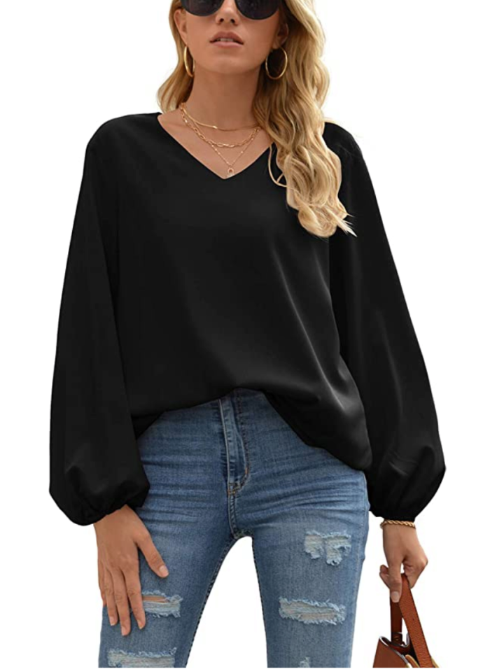 WANGZHI Women's Casual Sweet & Cute Loose Shirt Balloon Sleeve V-Neck Blouse Top