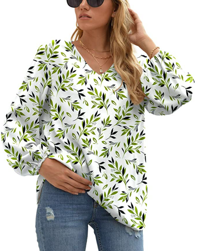 WANGZHI Women's Casual Sweet & Cute Loose Shirt Balloon Sleeve V-Neck Blouse Top