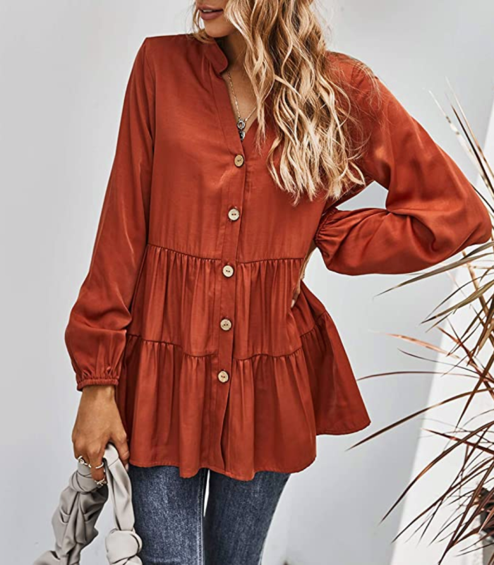 MissyLife Women's Loose Fit V Neck Babydoll Button Down Ruffle Hem Tunic Top