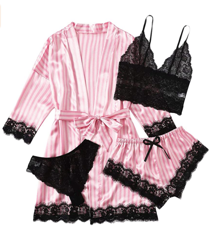 SOLY HUX Women's Sleepwear 4pcs Floral Lace Trim Satin Cami Pajama Set with Robe