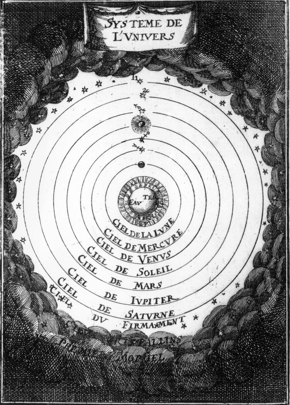 The geocentric system of the universe, as understood by the classical astronomer Ptolemy in 1683.