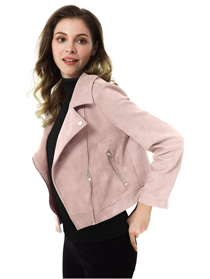 Apperloth Faux Suede Long Sleeve Zipper Short Moto Biker Jacket