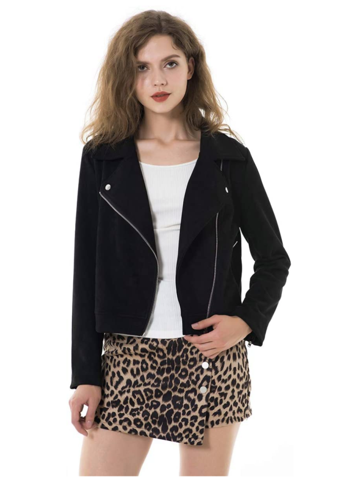 Apperloth Faux Suede Long Sleeve Zipper Short Moto Biker Jacket