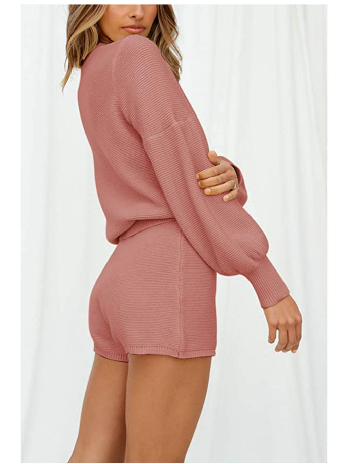 Fixmatti Women 2 Piece Knit Long Sleeve Sweater Top and Shorts Sweatsuits Set
