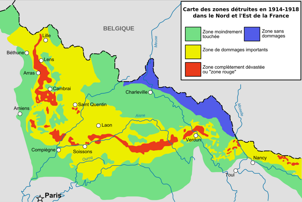 Cartographie des zones bleues, rouges et jaunes telles que d\u00e9cid\u00e9es ou n\u00e9goci\u00e9es apr\u00e8s la fin de la Premi\u00e8re Guerre mondiale (d'apr\u00e8s Guicherd, J., & Matriot, C. (1921). La terre des r\u00e9gions d\u00e9vast\u00e9es'. Journal d'Agriculture Pratique, 34, 154-6.).