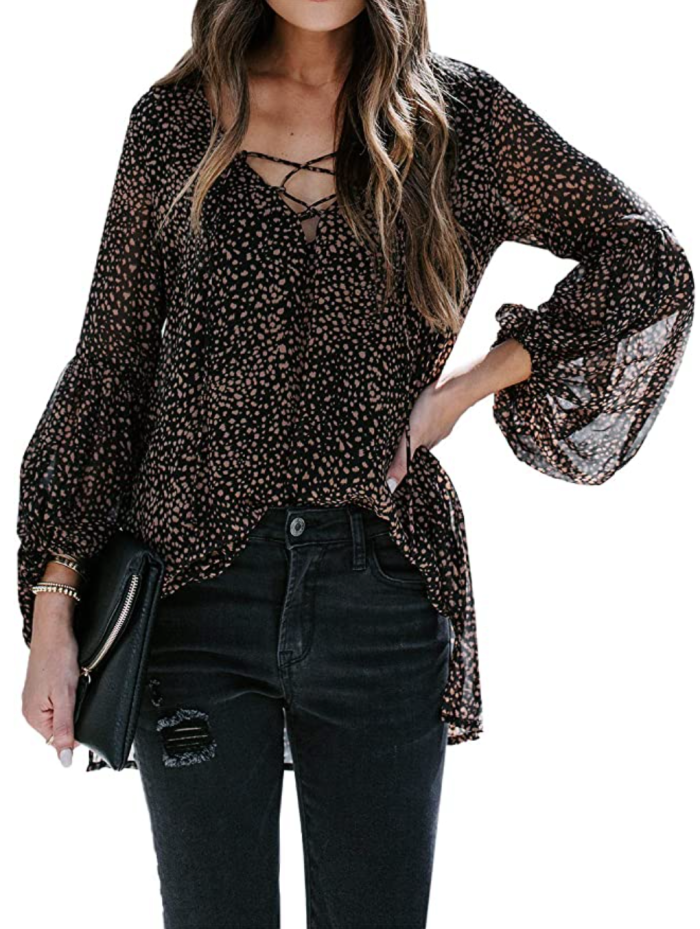 Lovezesent Women's Chiffon Boho V-Neck Lantern Sleeve Blouse