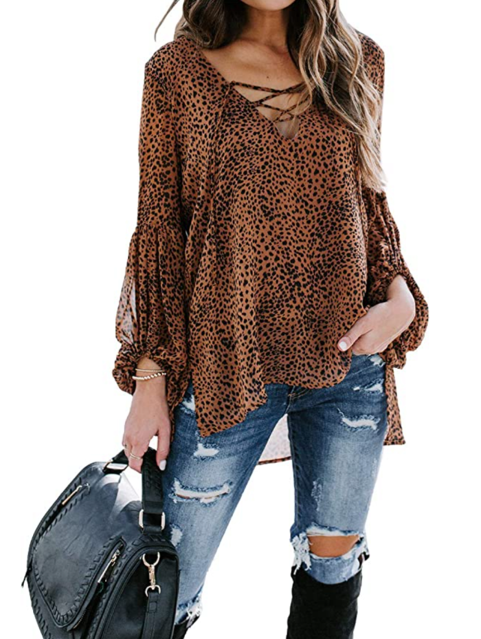 Lovezesent Women's Chiffon Boho V-Neck Lantern Sleeve Blouse