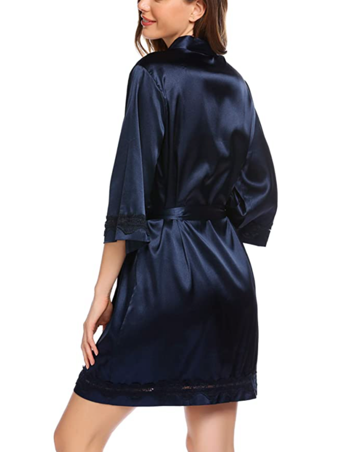 Ekouaer Women's Lace-Trim Kimono Style Short Satin Robe