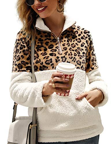 Womens Leopard Print Sherpa Pullover Fleece Lapel Zipper Sherpa Jacket Fleece Sweatshirt with Pockets