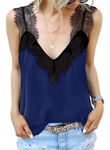 BLENCOT Women's Fashion V Neck Lace Strappy Cami Tank Tops Soft Basic Flowy Sleeveless Blouse Shirts Blue Small