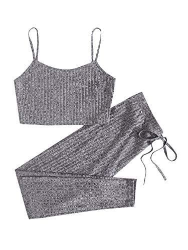 Verdusa Women's 2 Piece Outfits Ribbed Crop Cami Top and Leggings Set Tracksuit Grey XS