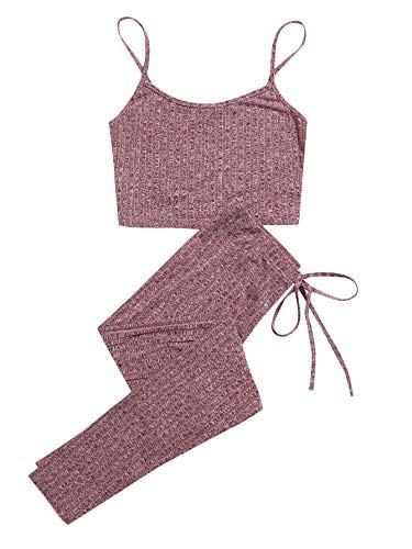 Verdusa Women's 2 Piece Outfits Ribbed Crop Cami Top and Leggings Set Tracksuit Dusty Pink XS