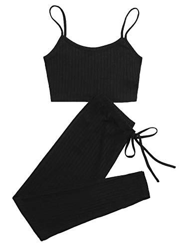 Verdusa Women's 2 Piece Outfits Ribbed Crop Cami Top and Leggings Set Tracksuit Black XS