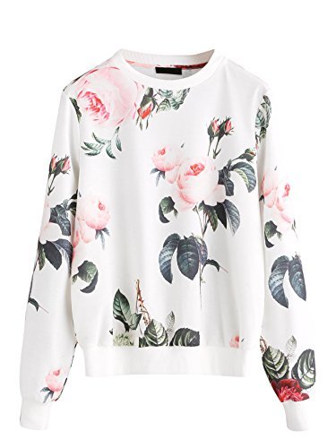 Romwe Women's Casual Floral Print Long Sleeve Pullover Tops White XS