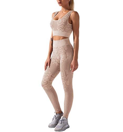 ICEYOU Workout Outfits for Women,2 Piece Yoga Sets High Waist Leggings Seamless Sports Bra Tracksuits (Small, Khaki)