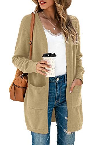 TASAMO Women's Long Sleeve Pocket Solid Color Knit Ribbed Neckline Cardigans (Small,Khaki)
