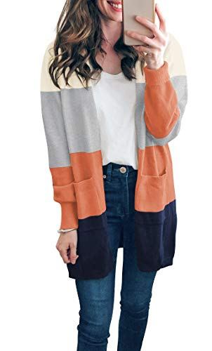 TASAMO Women's Long Sleeve Pocket Solid Color Knit Ribbed Neckline Cardigans (Small,Colorful Orange)