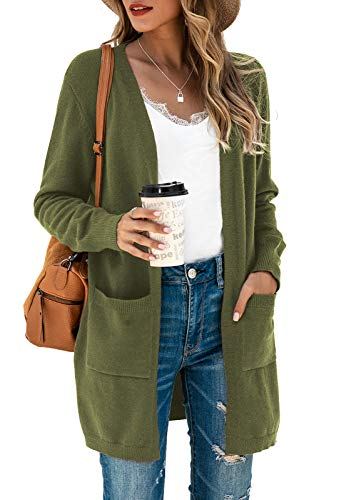 TASAMO Women's Long Sleeve Pocket Solid Color Knit Ribbed Neckline Cardigans (Small,Army Green)
