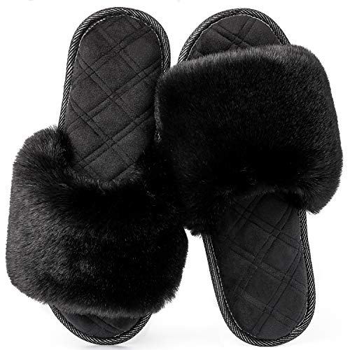 LongBay Women's Fuzzy Faux Fur Memroy Foam Flat Spa Slide Slippers Open Toe House Shoes Sandals (Small / 5-6, Black)