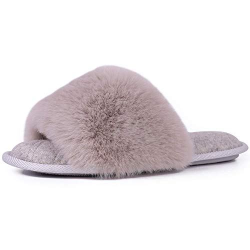 LongBay Women's Fuzzy Faux Fur Memroy Foam Flat Spa Slide Slippers Open Toe House Shoes Sandals (Small / 5-6, Gray)