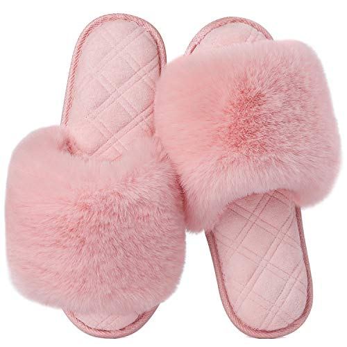 LongBay Women's Fuzzy Faux Fur Memroy Foam Flat Spa Slide Slippers Open Toe House Shoes Sandals (Small / 5-6, Pink)